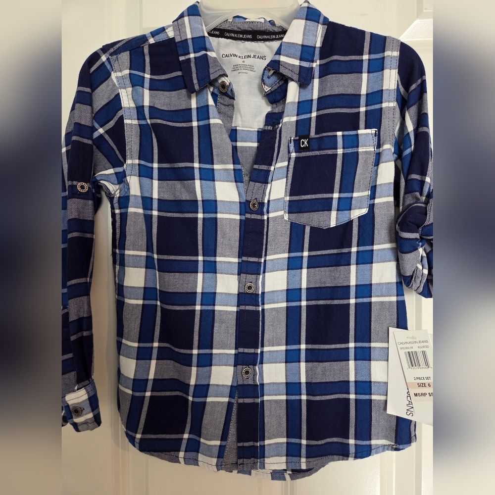NWT Kids Calvin Klein Navy and White Checkered Shirt and pants set. Size 6